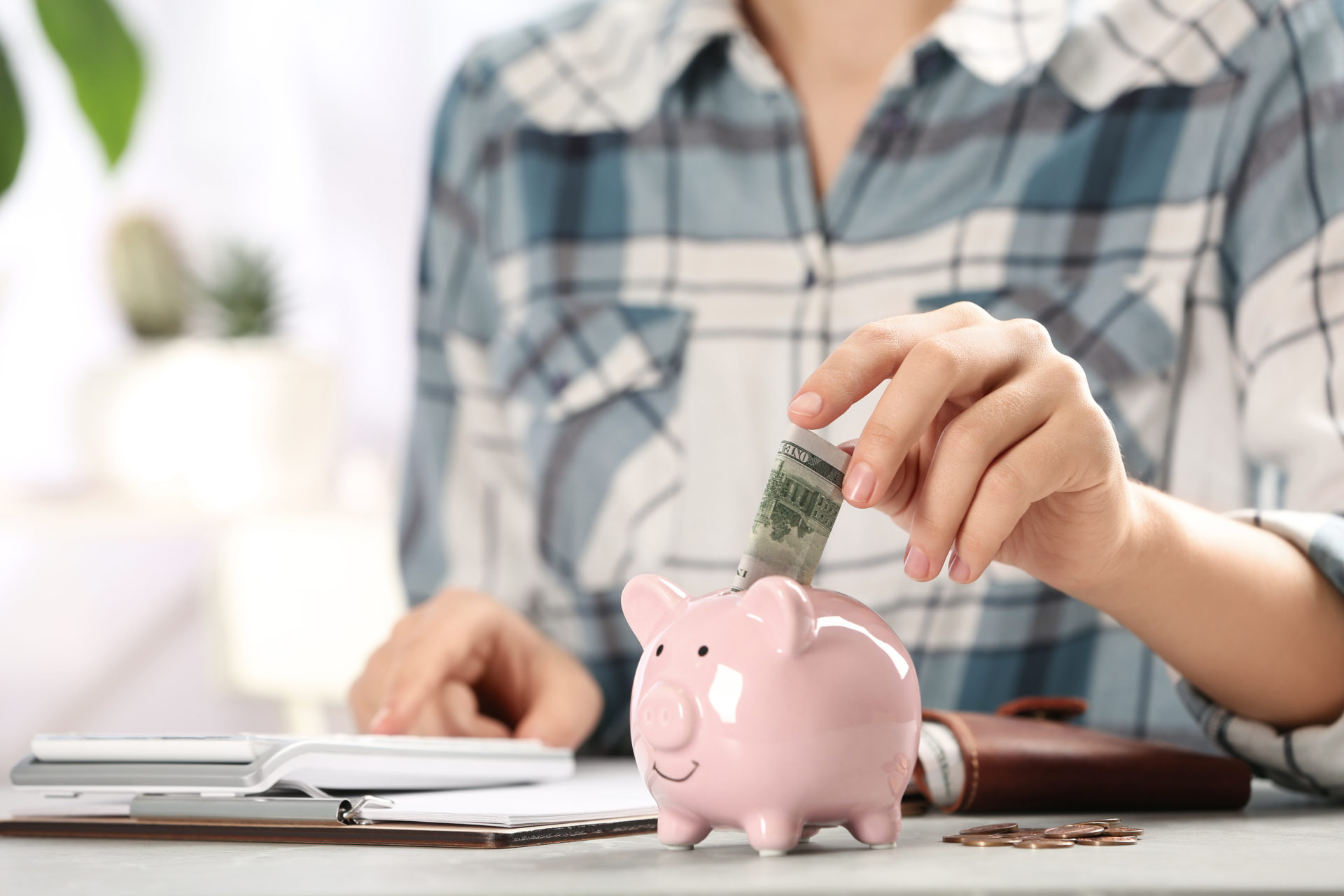 Save money at the Bank. A child puts money in his Piggy Bank.